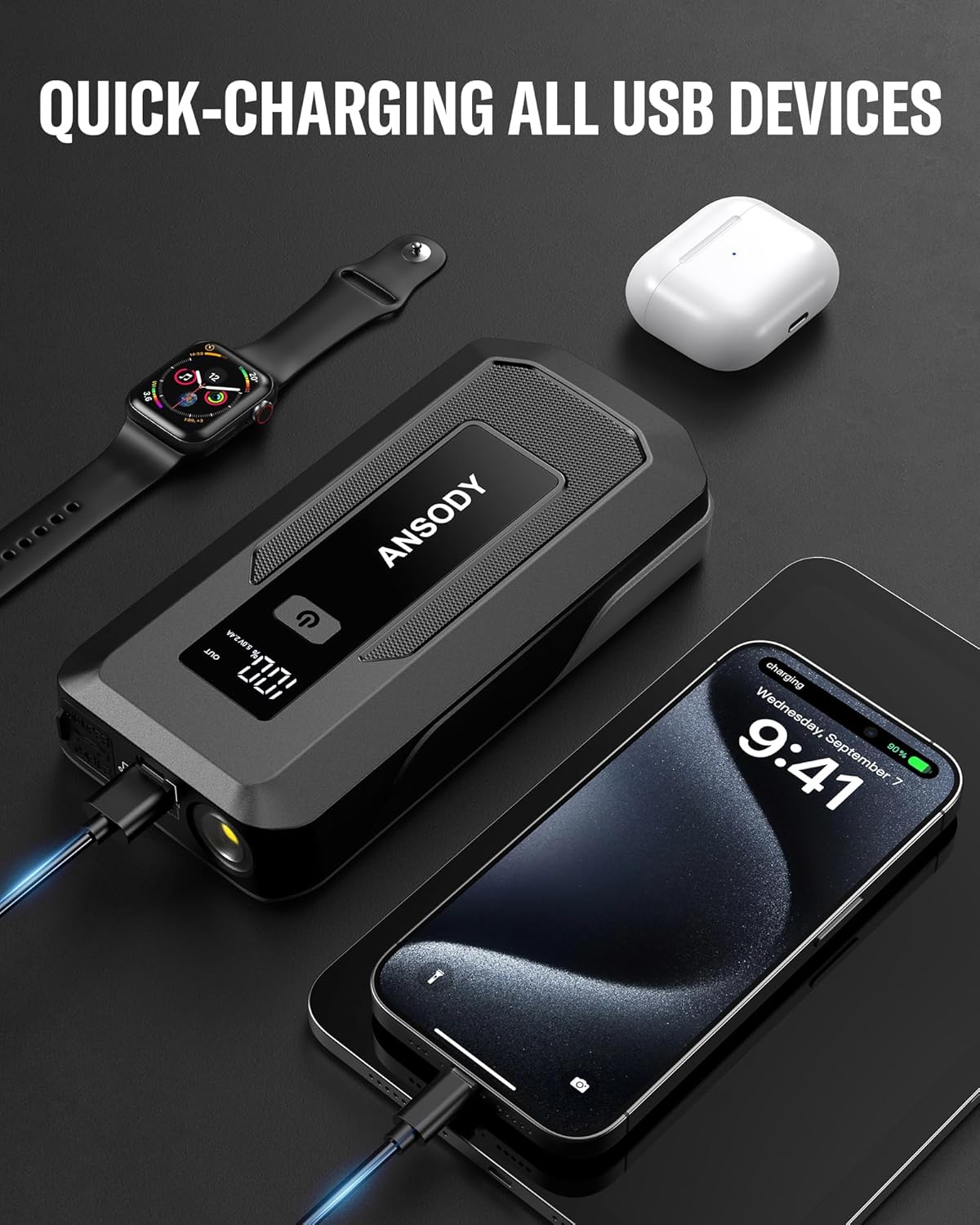 3000A Peak Car Jump Starter(Up to 10L Gas or 8L Diesel Engine), Battery Booster with Jump Leads, Built-in LED Floodlight & SOS, -20℃ Cold Cranking, Jump Box for 12V Pickup SUV Motorcycle