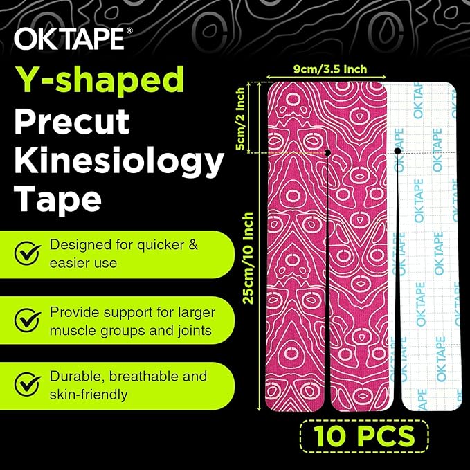 OK TAPE Precut Y-Shape Kinesiology Tape for Shoulder, Knee, Back, 10 Pcs, K Tape Strips, Provide Support & Relieve Discomfort, Water-Resistant Elastic Athletic Tape (3.5" x 10", Pink)