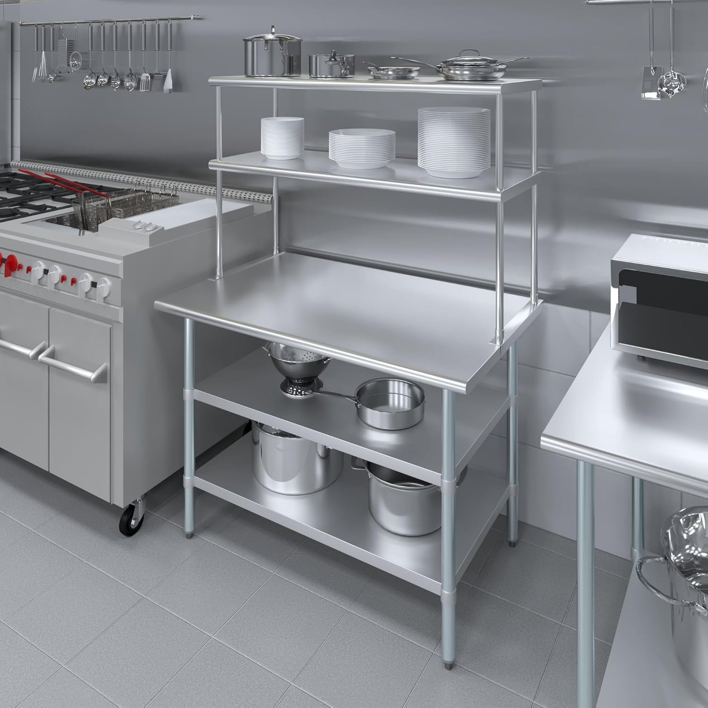 Amgood Stainless Steel Work Table with 2 Shelves | Metal Kitchen Prep Table & Shelving Combo (30" x 48" Table with 2 Shelves + 18" Overshelf)