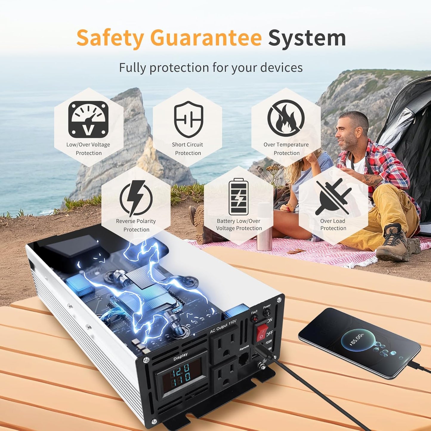 2000 Watt Pure Sine Wave Power Inverter DC 12V to 110V/120V AC Converter with 2 AC,18W USB, and 30W Type-C Charging Ports, Car Solar Power Inverters with LCD Display for Home RV Truck