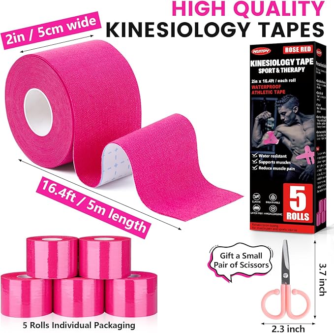 5 Rolls Kinesiology Tape, 2 inch x 16.4 Feet Waterproof Athletic Tape, Uncut Kinetic Tape, Muscle Tape, Sports Tape, Knee Tape for Exercise and Daily Use - Rose Red