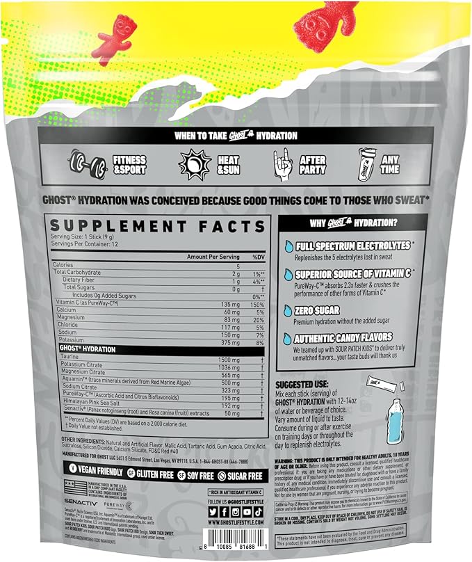 GHOST Hydration Packets, Sour Patch Kids Redberry, 12 Sticks, Electrolyte Powder - Drink Mix Supplement with Magnesium, Potassium, Calcium, Vitamin C - Vegan, Free of Soy, Sugar & Gluten