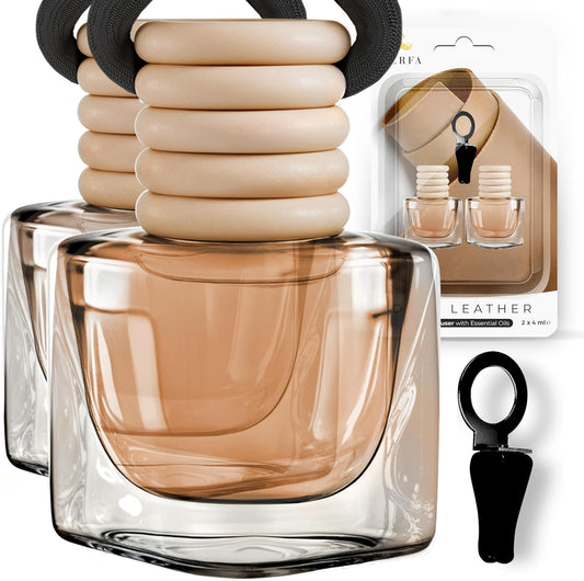 Deep Leather Car Air Freshener for Men | Pack of 2 Long Lasting Automotive Air Freshener | Odor Eliminator Car Perfume with Essential Oils | Car Air Freshener Vent Clip by Perfa