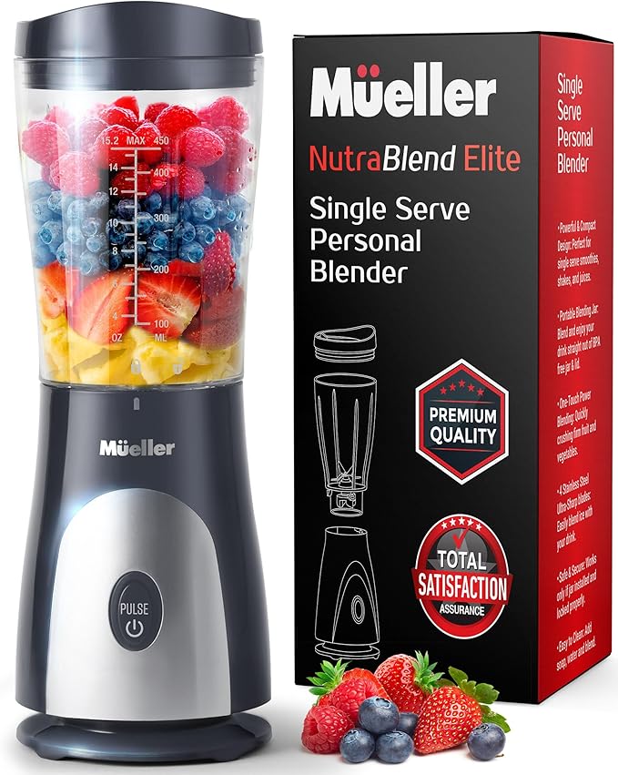 Mueller Personal Blender for Shakes and Smoothies with 15 Oz Travel Cup and Lid, Juices, Baby Food, Heavy-Duty Portable Blender & Food Processor, Grey