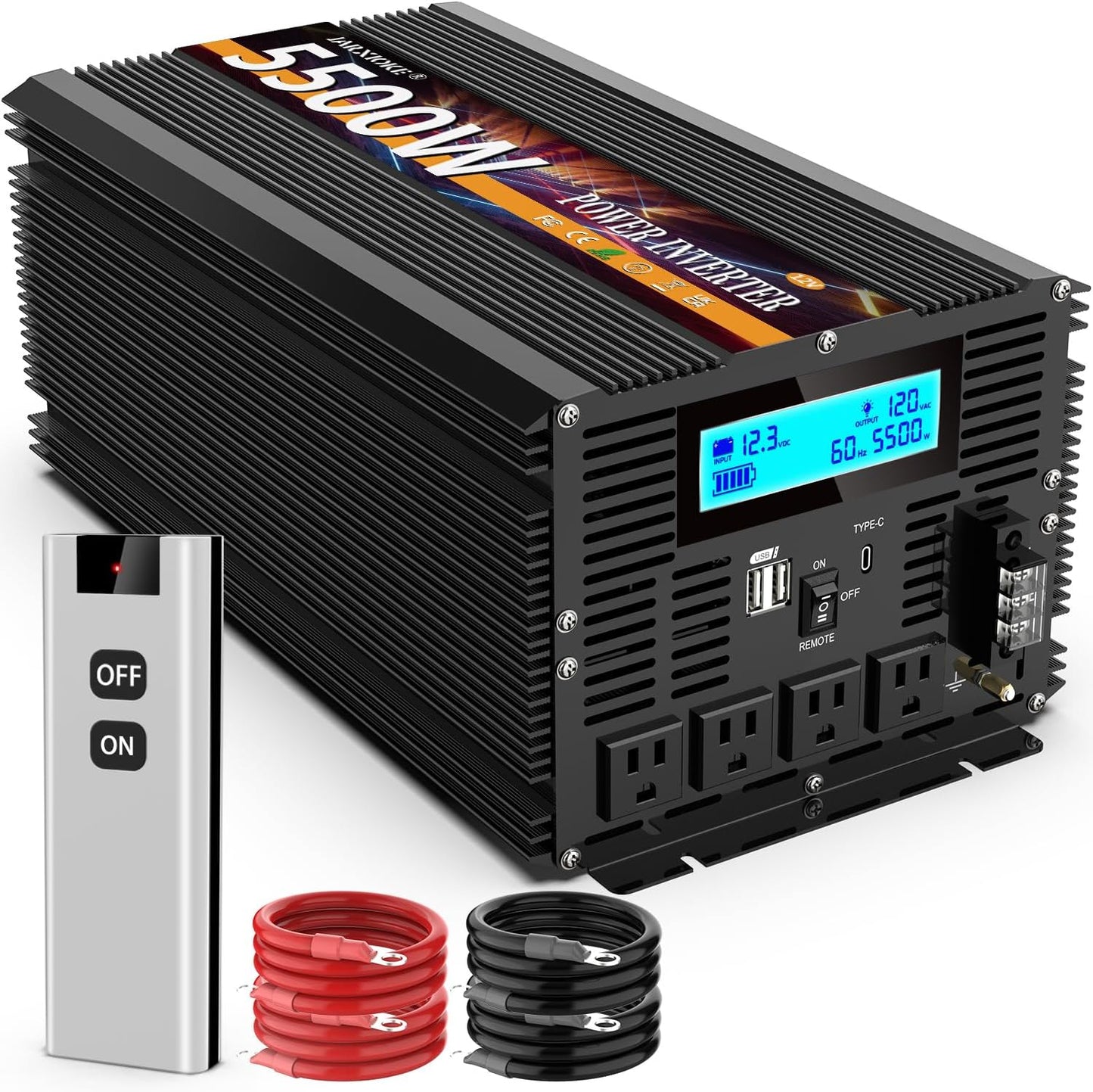 5500 Watt Power Inverter 12V DC to 110V 120V Converter for Family RV Off Grid Solar System Car with Type-C Ports 3 AC Power Outlets Dual USB Ports LCD Display Wireless Remote Control