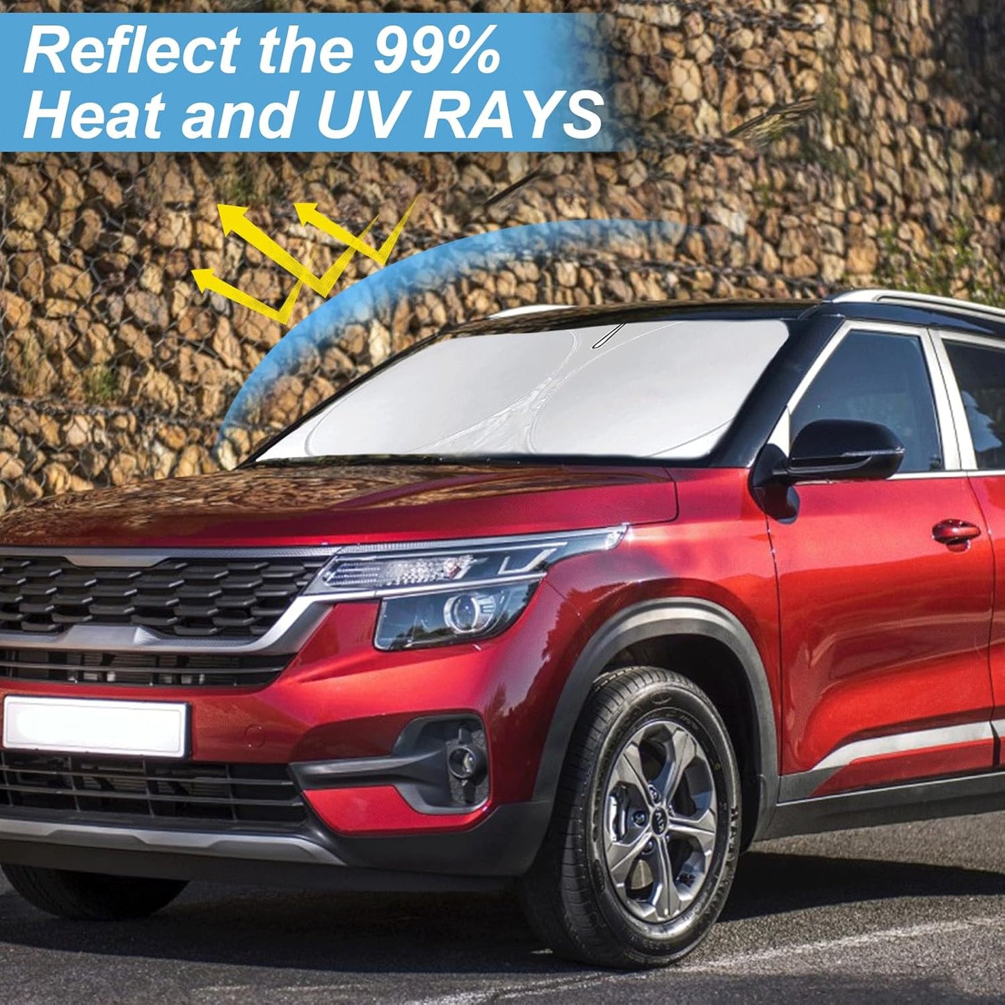 Custom Fit Seltos Windshield Sunshade for 2021-2024 2025 2026 Kia Seltos Front Window Shades Cover for Windshield Sun Visor Protector 210T Reflector Blocks UV Rays Cooler Car Accessories