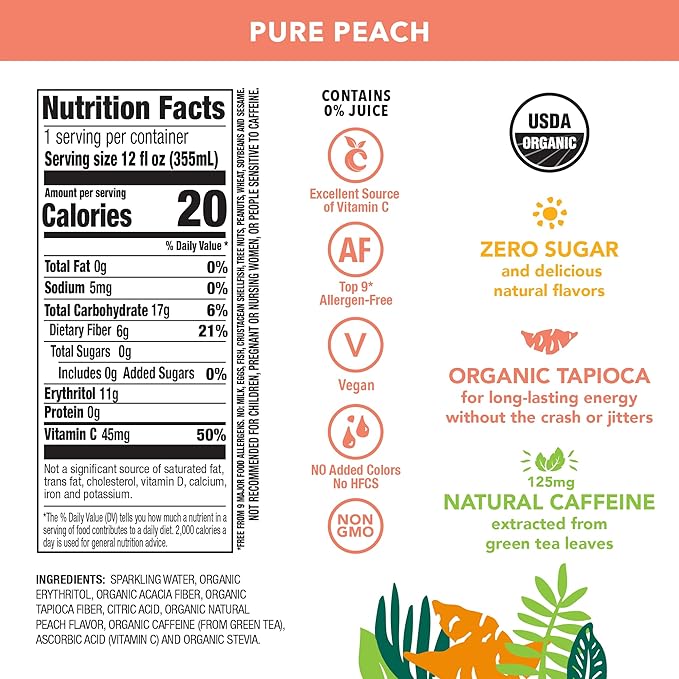 OCA ZERO Pure Peach, Organic energy drink, zero sugar, gluten-free, vegan plant-based, 12 Fl Oz (12-pack)