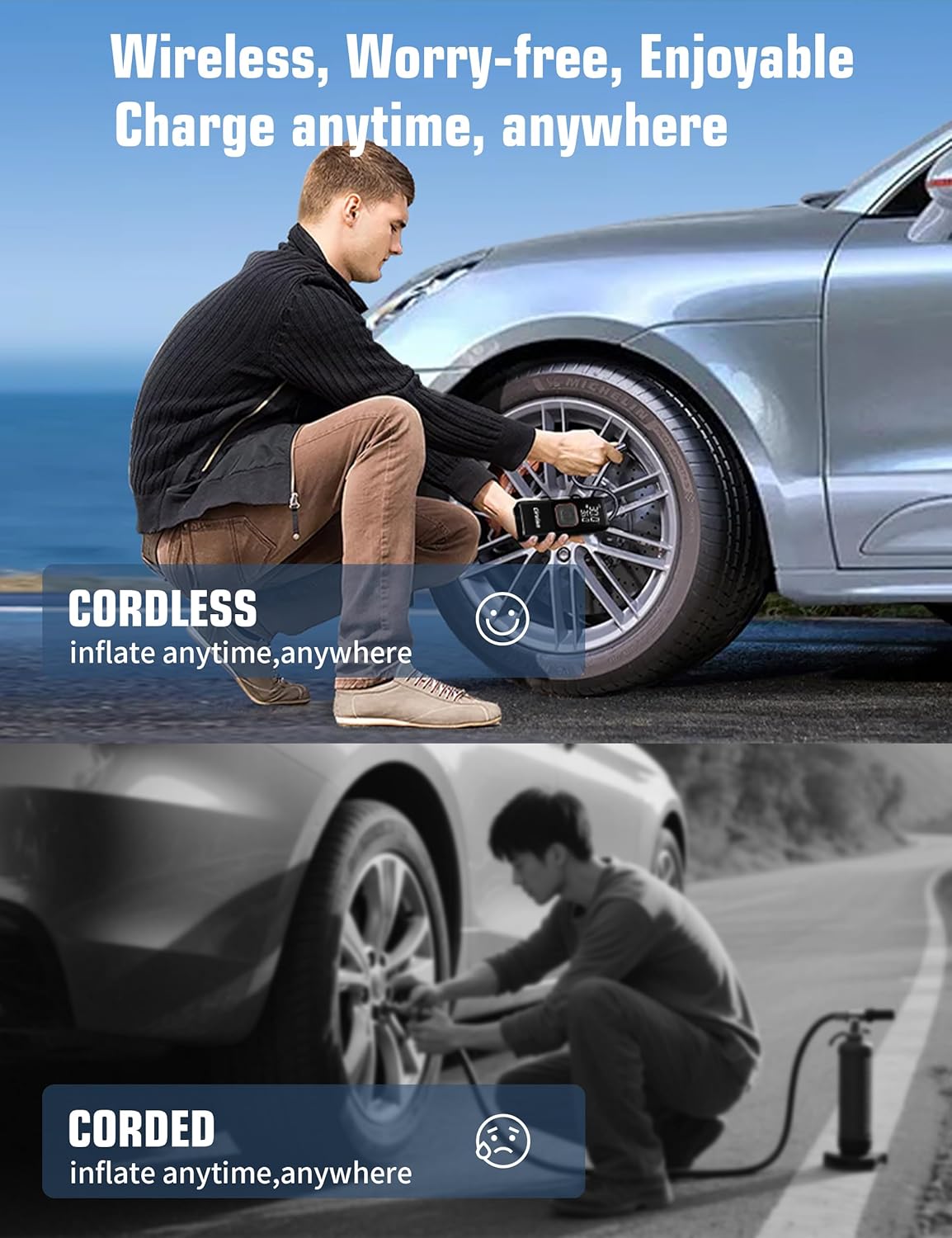 Tire Inflator Portable Air Compressor, 3X Faster 25000mAh 160 PSI Air Pump for Car Tires- Cordless, with Pressure Gauge, LED Light & Digital Display, for Car, Pickup, Truck, Motor, E-Bike and More