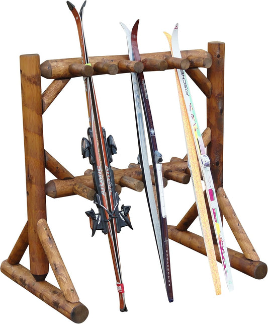 11-Place Freestanding Log Ski Rack Holder, Indoor & Outdoor Snowboard Racks, Standing Storage, Garage Racks for Snow Skis, Durable Snowboard Rack Garage Storage Organizer - Canyon Brown
