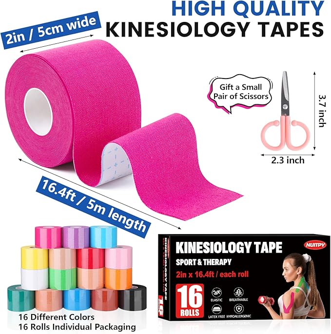 16 Rolls Kinesiology Tape, 16 Colors 2 inch x 16.4 Feet Waterproof Athletic Tape, Uncut Kinetic Tape, Elastic Muscle Tape, Sports Tape, Knee Tape for Exercise and Daily Use