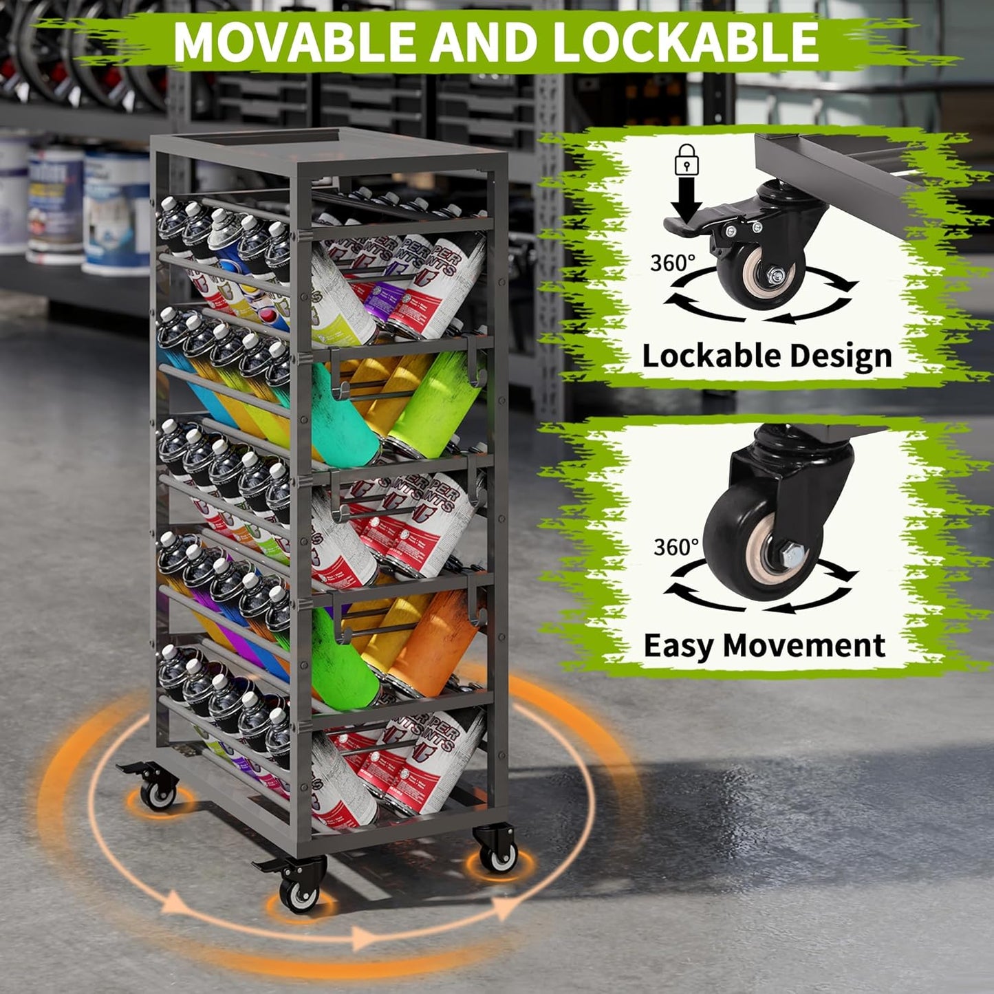 yeshine 50 Can Spray Paint Storage Rack, Metal Aerosol Storage Cart, Rolling Spray Bottle or Lube Holder, Aerosol Can Holder Rack, Paint Bottle Organizer for Garage And Craft Workroom