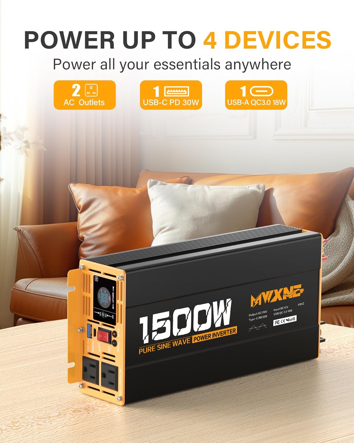 1500W Pure Sine Wave Power Inverter DC 12V to AC 110V 120V Converter with 2 AC Outlets, QC3.0 18W USB-A, PD30W USB-C Port Car Inverter with LCD Display and Remote Control for Truck RV Home