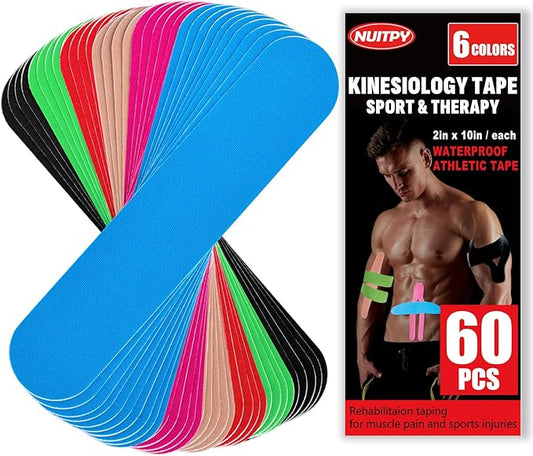 60PCS Precut Kinesiology Tape Strips, 6 Colors 2 inch x 10 inch Cotton Athletic Tape, Kinetic Tape, Elastic Muscle Tape, Sports Tape, Knee Tape for Exercise and Daily Use