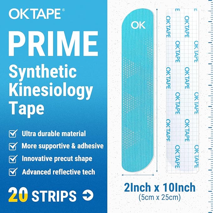 OK TAPE Synthetic Kinesiology Tape, 20 Strips, Precut K Tape, Performance Elastic Athletic Tape for Muscle Support & Discomfort Relief, Reflective Design, Waterproof, 2" x 10" -Blue