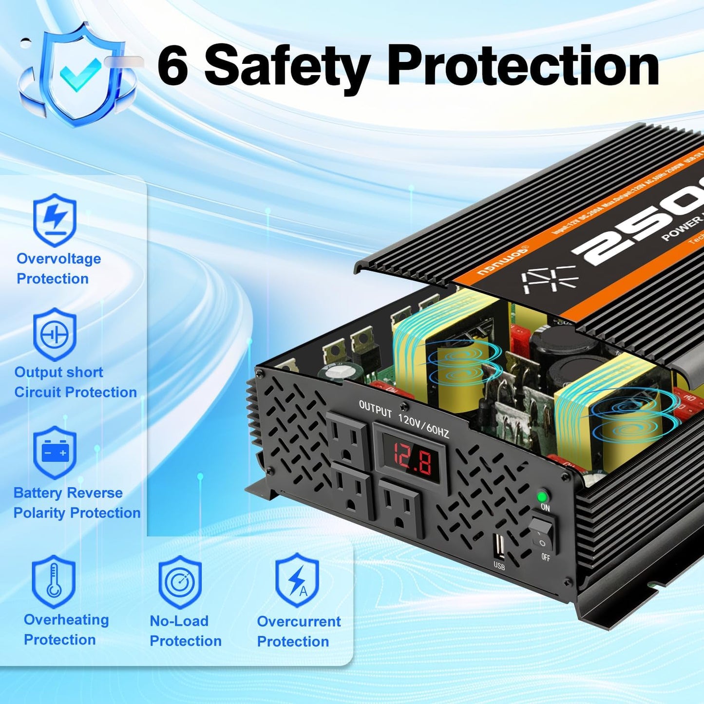 2500 Watt car Power Inverter 12V to 110V /120V, 2000+ watt invertor for RV semi Trucks Vehicles 12V to 110V Converter with 3 AC outles and LCD Screen - 2500W