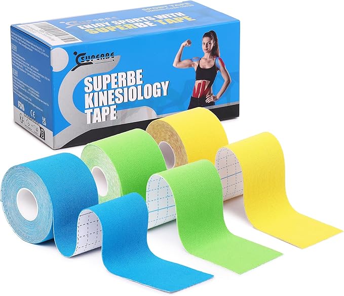 Superbe Precut Kinesiology Tape (3 Rolls Pack), Elastic Sports Tape for Pain Relief, Muscle Support, Recovery and Physio Therapy, Breathable, Waterproof (Blue Green Yellow)