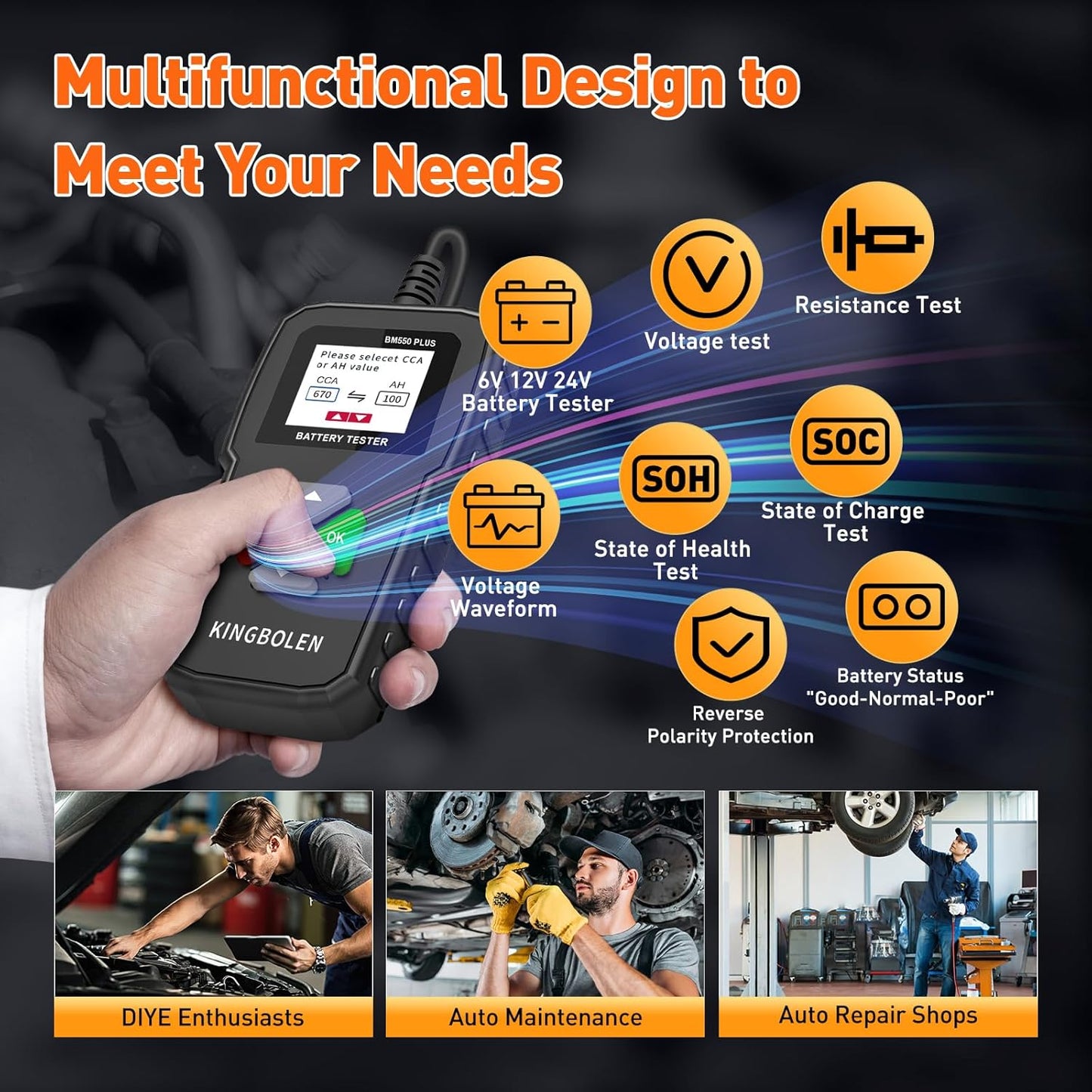 KINGBOLEN BM550 Plus 6V-24V 100-2000 CCA Car Battery Tester, Voltage Waveform Analyzer for Cars Trucks SUV Motorcycle