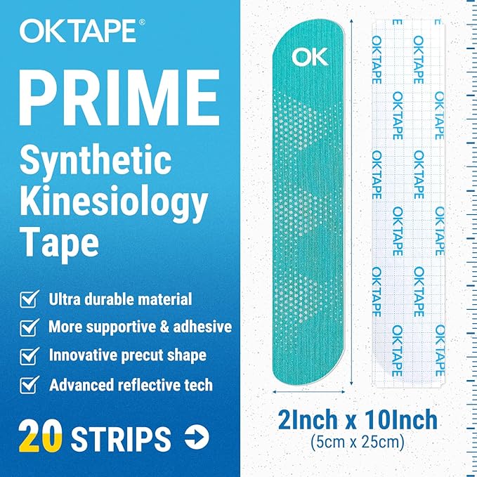 OK TAPE Synthetic Kinesiology Tape, 20 Strips, Precut K Tape, Performance Elastic Athletic Tape for Pain Relief & Muscle Support, Reflective Design, Waterproof, 2" x 10" -Cyan