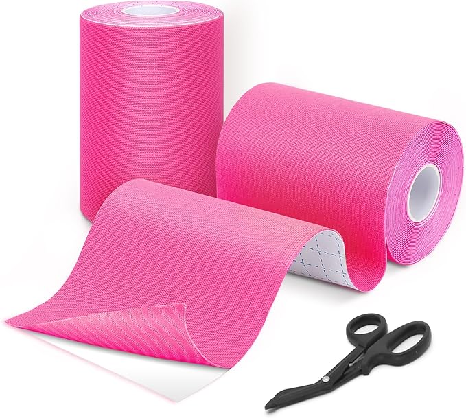 Kinesiology Tape (2 Rolls) Extra Wide 4 inch x 16.4 feet Roll,Cotton Elastic Premium Athletic Tape,Hypoallergenic and Waterproof K Tape (Pink（2 Roll + Bandage Scissors）)
