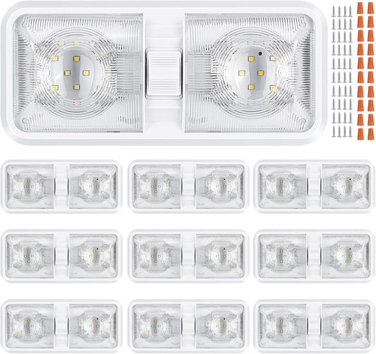 10 Packs RV Lights Interior 12V Led 8W Ceiling Double Dome Camper Light 600 Lumen Brightness Lights Fixtures for RV Camper Trailer Boat Car, Natural White 4000-4500K, 48 X 2835 SMD LED