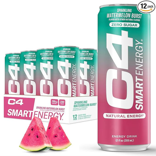 Cellucor C4 Smart Energy Drink ‚ Boost Focus and Energy with Zero Sugar, Natural Energy, and Nootropics - 200mg Caffeine - Watermelon Burst (12oz Pack of 12)