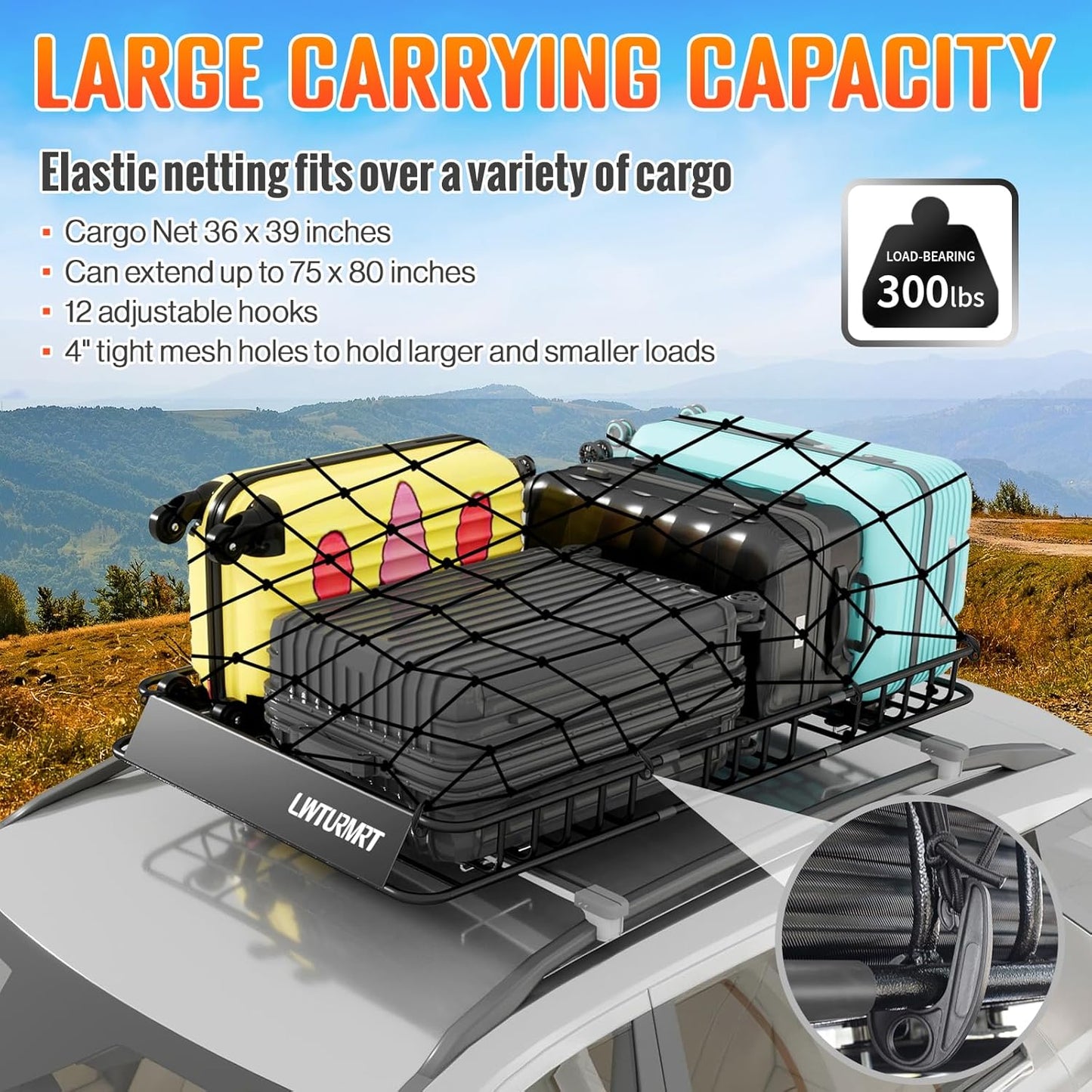 64 x 39 Inch Universal 300LB Heavy Duty Roof Rack Cargo with Cargo Net, Car Top Luggage Holder Carrier Basket for SUV,Truck or RV Camping Storage Steel Construction