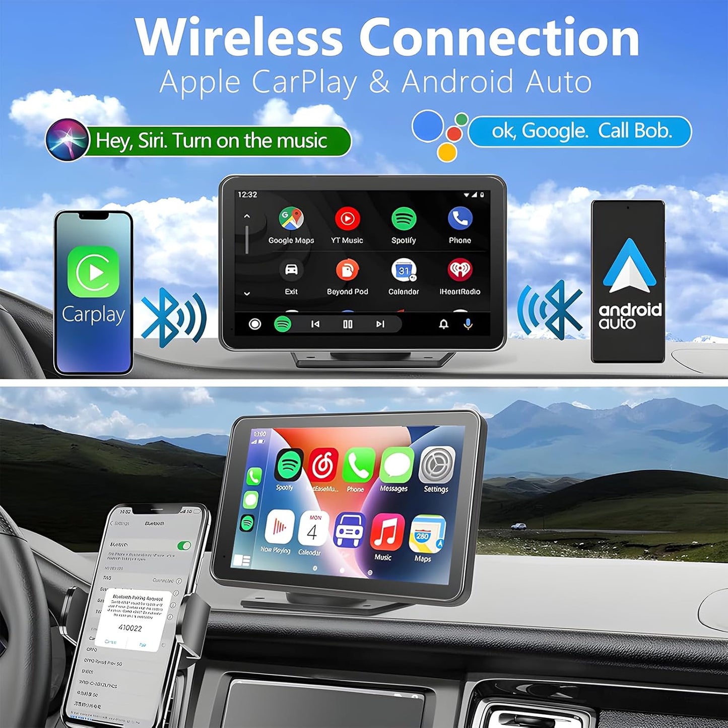Portable Carplay Screen for Car, 7" Wireless Carplay & Android Auto with Bluetooth, HD Backup Camera, GPS Navigation, Siri, FM, AUX, Mirror Link for All Vehicles
