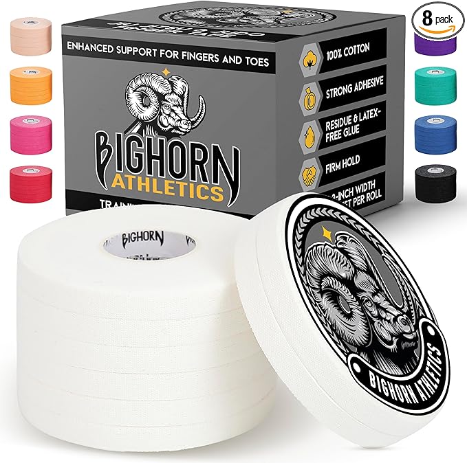 Bighorn Athletics Jiu Jitsu Finger Tape | Residue-Free Athletic Finger Tape for Sports & Injuries: Rock Climbing, Volleyball, Football, Basketball, Hands & Toes | 0.3-Inch x 45-feet, 8-Rolls, White
