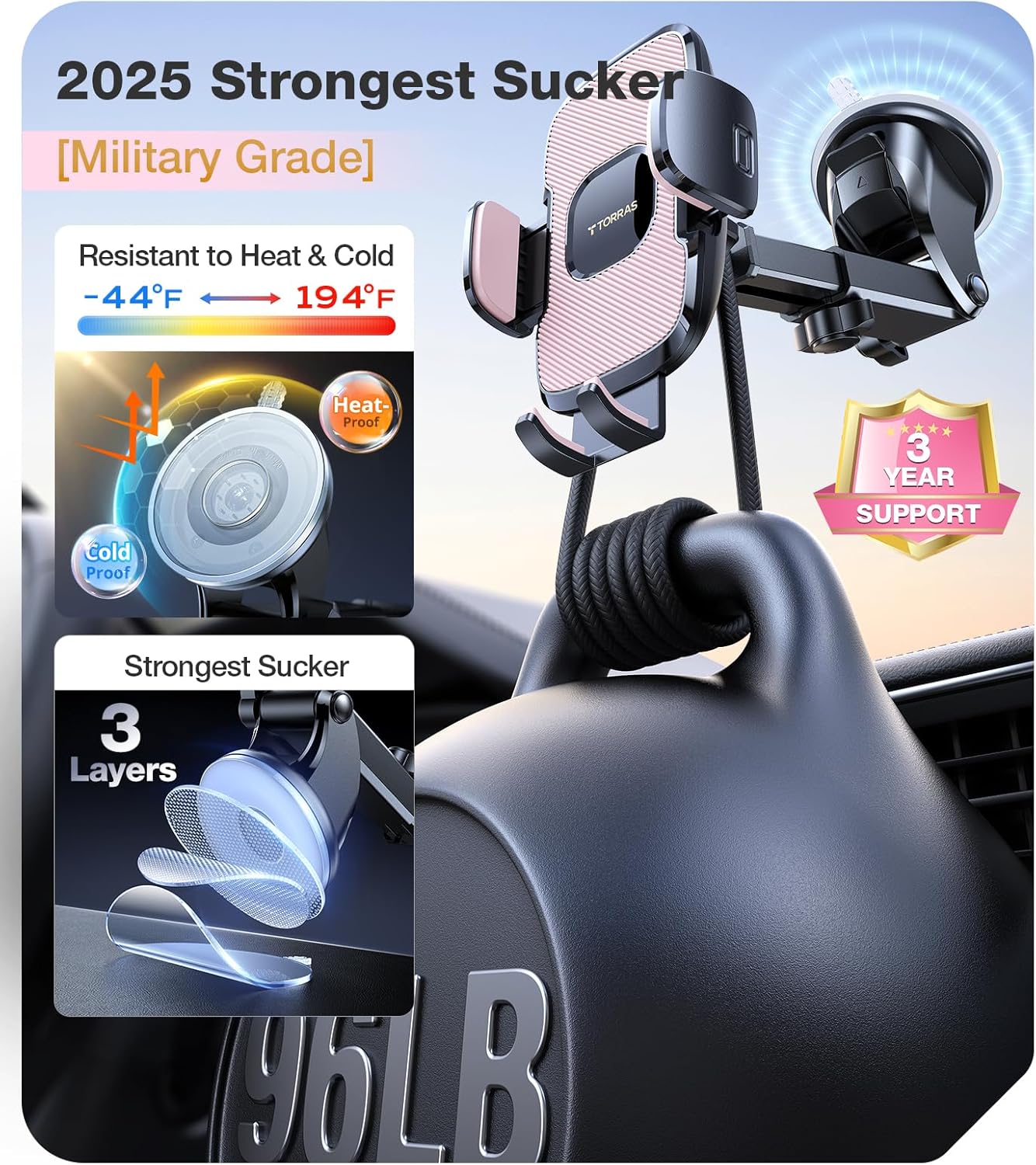 TORRAS Pink Phone Holders for Your Car【True Military-Grade & Strongest Suction】, Universal Car Phone Holder Mount Truck Cradle Stand for Dashboard Windshield Vent, Pink Car Accessories