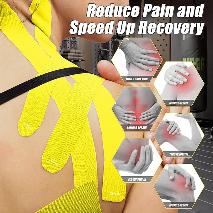 CKeep 4 Rolls Kinesiology Tape, Original Cotton Elastic Athletic Tape, 20 Precut 10" Strips Each,Yellow, Ideal for Muscle Support & Injury Prevention