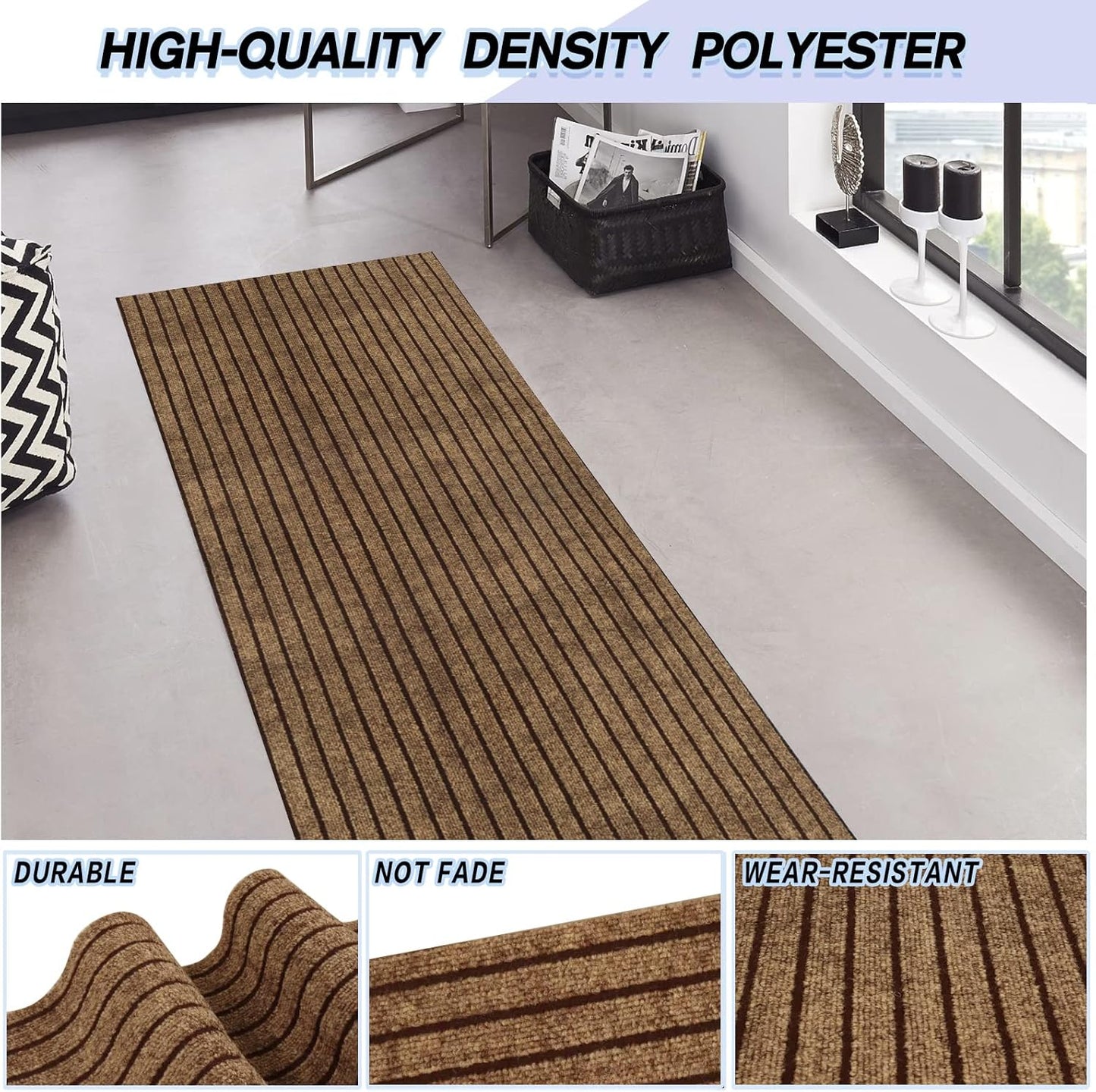 Custom Size Backed Non-Slip Area Rugs Runner, Easy Clean, Waterproof Runner Rugs for Hallway Entryway, Kitchen, Laundry, 4FT x 60FT, Brown Stripe