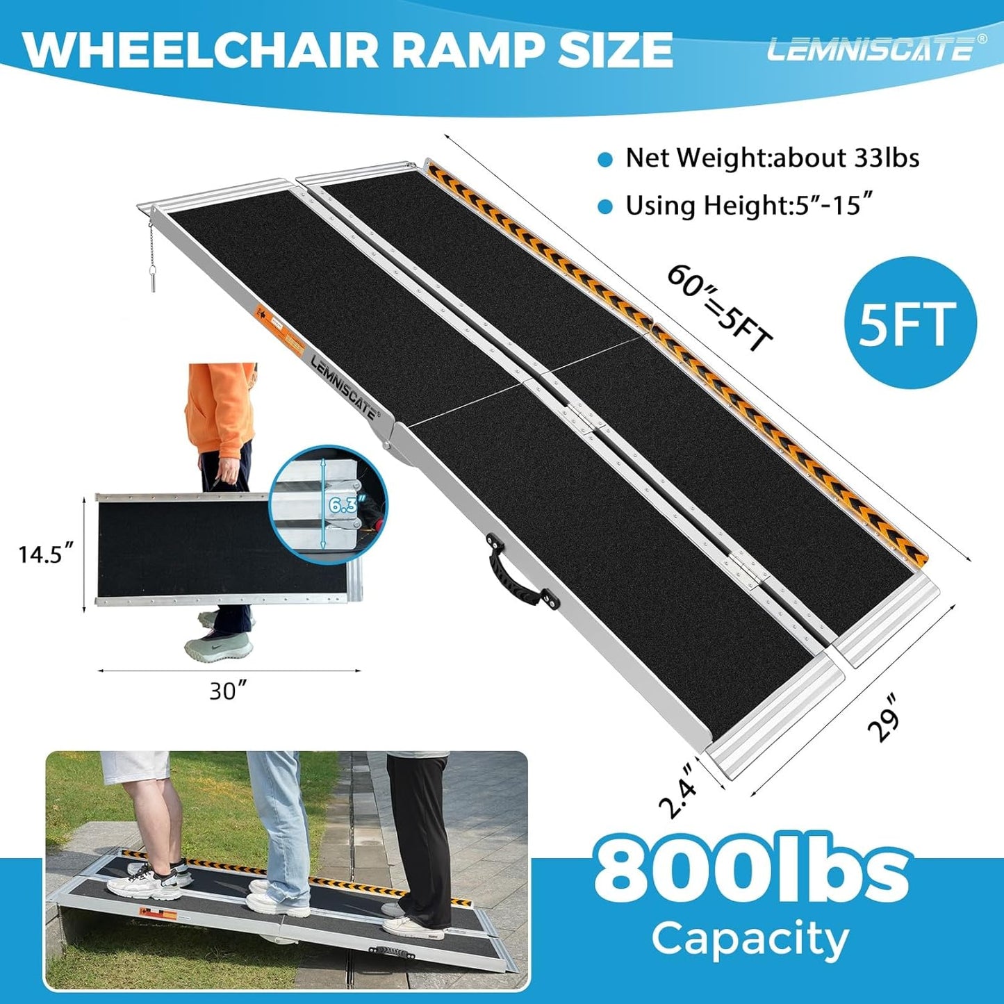 LEMNISCAT Wheelchair Ramp 5FT,Portable Wheel Chair Ramps for Steps,Non-Slip Aluminum Folding Handicap Ramps for Home Entry,Stair Ramp for Walker,Threshold Ramp for Doorways, Curbs,Car,Scooter
