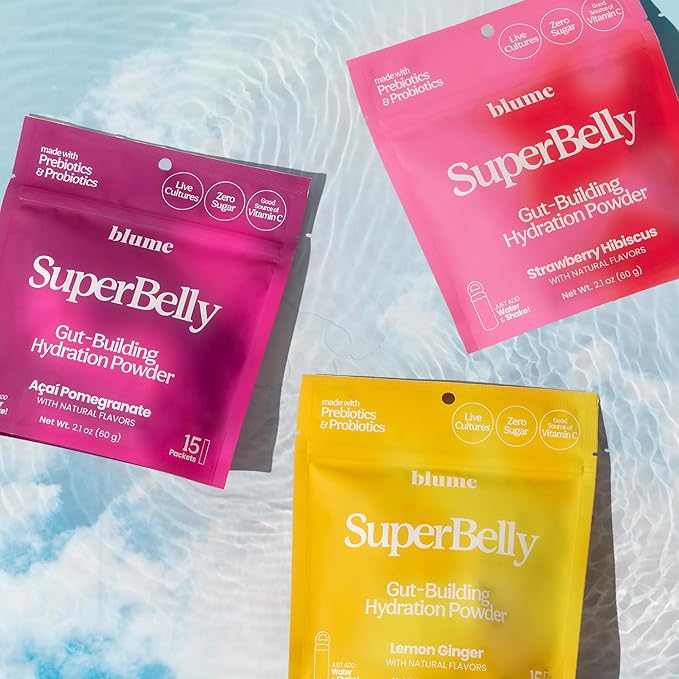 Blume SuperBelly Gut Health and On-The-Go Hydration Packets, Sugar-Free, with Prebiotics, Probiotics, Apple Cider Vinegar, Vitamin C, and Electrolytes, Açai Pomegranate, 15 Sticks