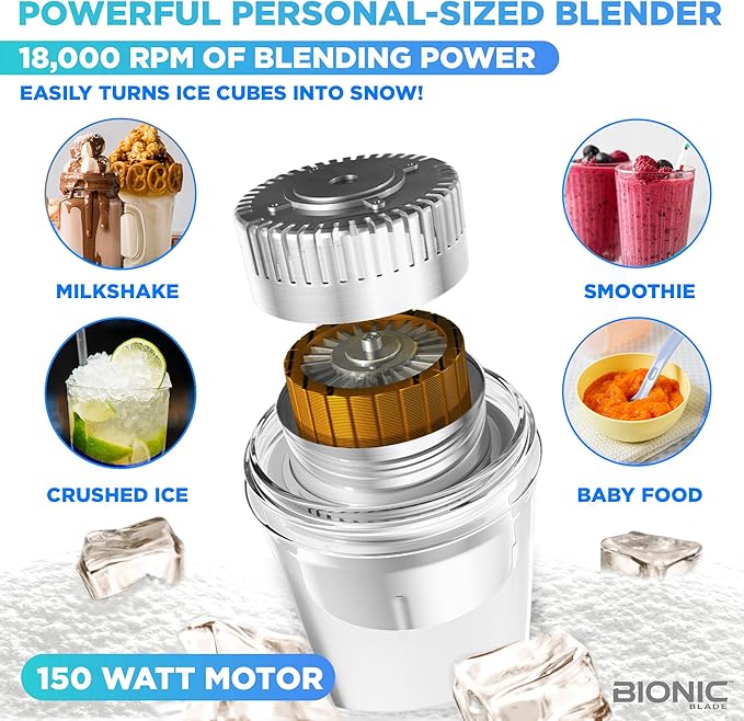 Bionic Blade Personal Blender 26.5 oz, with Extra Shaker and Lid, Cordless, Air Tight, Rechargeable 18,000 RPM Portable Blender for Shakes, Smoothies, Juice and Sauces 8.6”