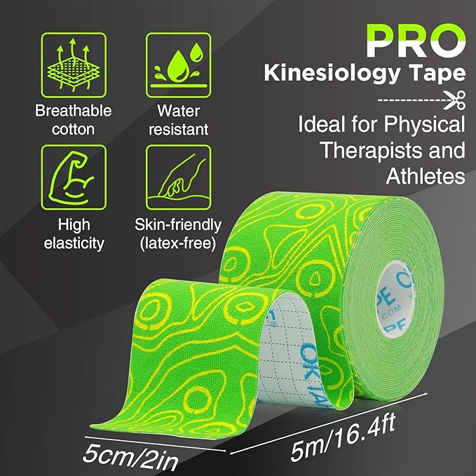 OK TAPE PRO Kinesiology Tape Uncut Roll, Elastic Physical Therapy Athletic Tape for Pain Relief, Muscle Support, Kinetic Tape, Water Resistant, 2in X 16.4ft -Green 2 Rolls