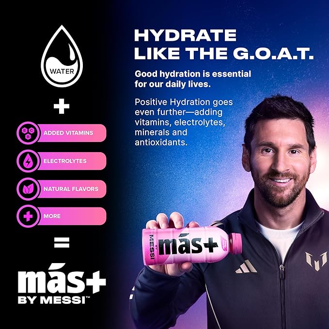 Más+ By Messi 19.2oz Berry Copa Crush Sports Drink & Hydration Beverage, Natural Flavors with Vitamins and Electrolytes, No Artifical Sweeteners or Colors, 12-pack