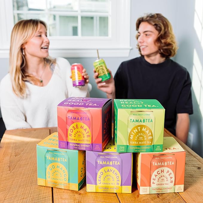 Tama Tea Sugar-Free Sparkling Green Tea, Peach Pear – Organic & Naturally Energizing – Zero Calories, Zero Carbs, Non-GMO – Antioxidant-Rich with 45mg Natural Caffeine – 12 oz Cans (12-Pack)