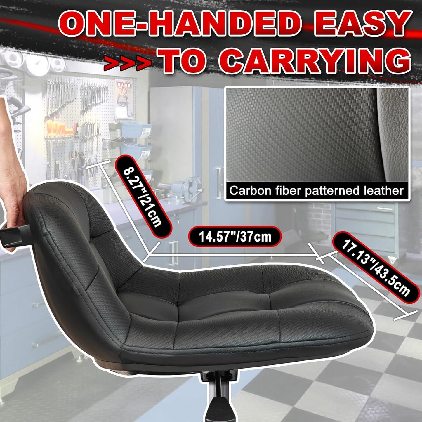 Rolling Stool with Wheels, Adjustable Height Pneumatic Garage Work Mechanic Stool Seat with Backrest, 400 LBS Capacity 360° Swivel Mechanic Crepper Chair with Tool Tray Storage, Black