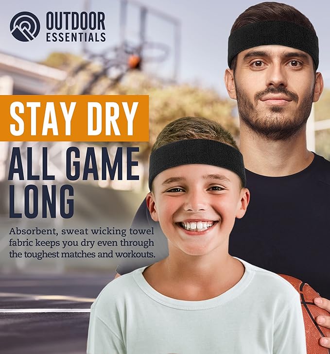 OutdoorEssentials Sweatbands & Wristbands - Wrist Sweat Bands Headbands for Men & Women - Multipack Terry Cloth Headbands or Wrist Bands for Working Out, Tennis, Basketball, Football, Gymnastics