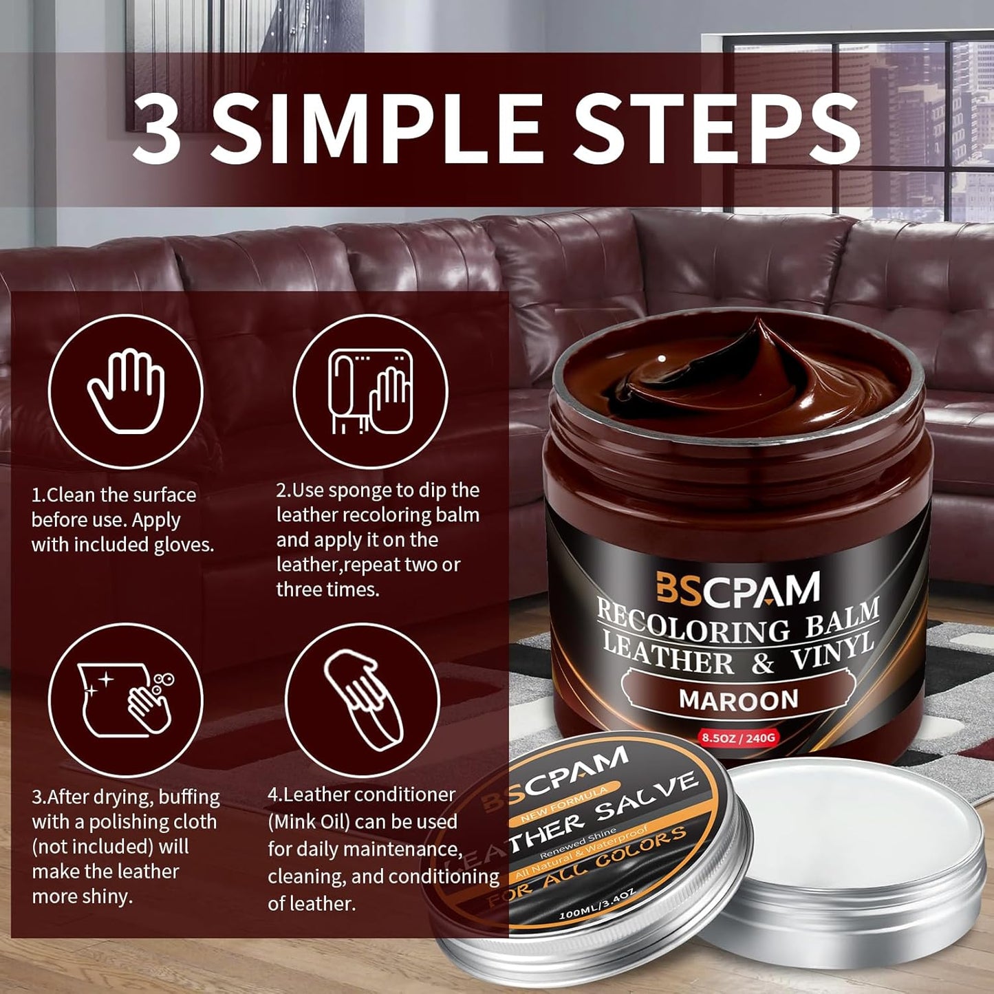 Maroon Leather Recoloring Balm with 100ml Mink Oil,Leather Couch Scratch Remover,Leather Repair kit for Vinyl Furniture and Car Interior,Leather Dye Paint,Mink Oil for Leather