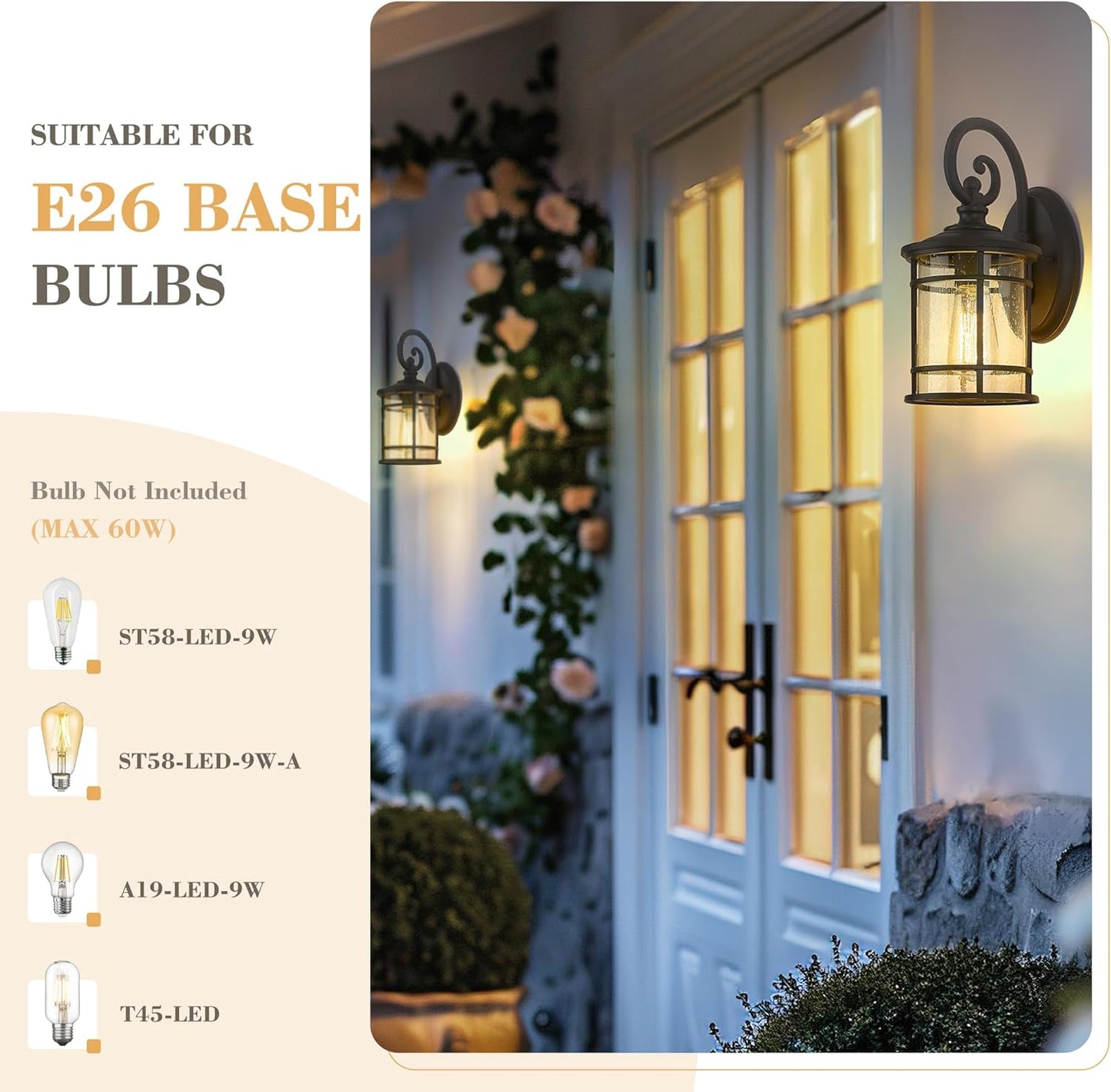 Emliviar Outdoor Wall Light Fixture - Modern Exterior Wall Sconce for House with Seeded Glass Shade, 12.5 Inch Height, Black Finish, XE229B-S BK