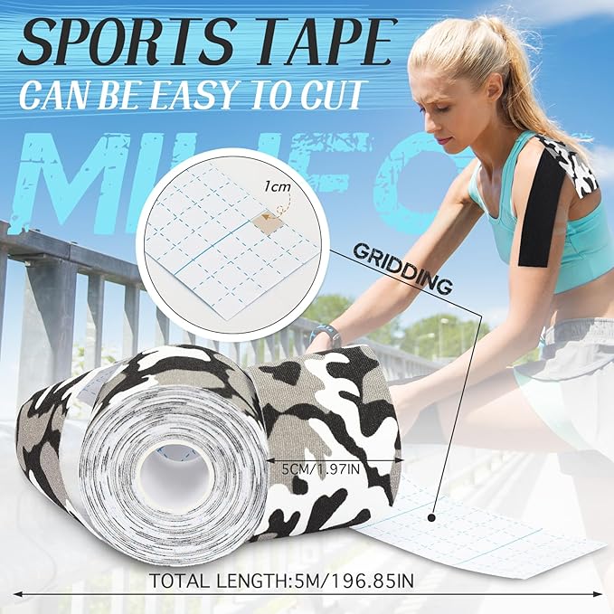 2 Rolls Kinesiology Tape, Waterproof Kinetic Tape 1.97 in x 16.4 ft, Uncut Cotton Elastic Athletic Strips for Knee, Shoulder, Ankle, Muscle Support (Black and Black Camouflage)