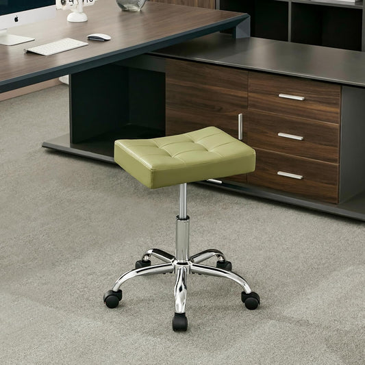 Adjustable Work Stool with Wheels (300lbs Capacity) (Saddle Shaped Seat) Faux Leather Workbench Stool (Green)