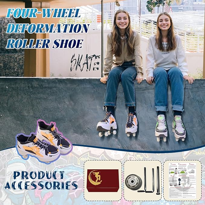 Roller Skate Shoes for Women Four Rounds Children's Roller Skates Shoes That Turn into Rollerskates Sneakers Outdoor Light Shoes with Wheels for Girls/Boys
