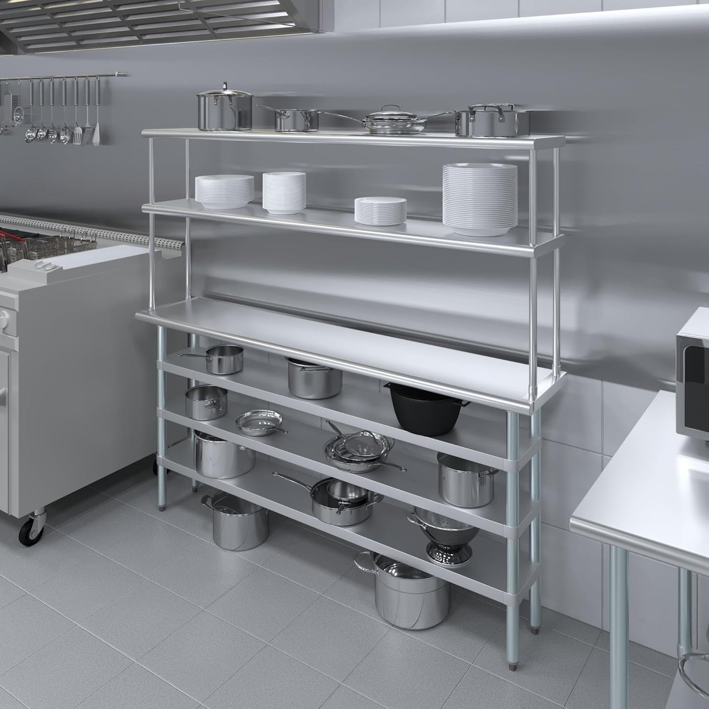 Amgood 14" x 72" Stainless Steel Work Table with 3 Shelves and 12" Wide Double Tier Overshelf | Metal Kitchen Prep Table & Shelving Combo | NSF