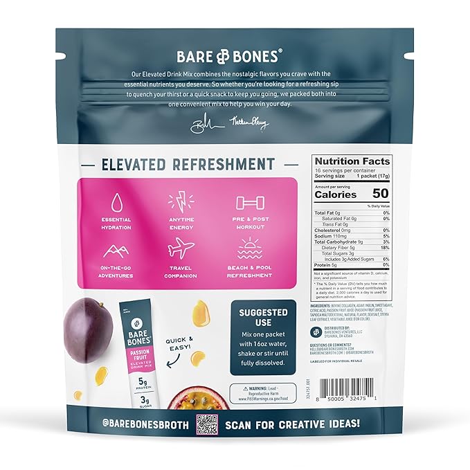 Bare Bones Passion Fruit Elevated Drink Mix | Light & Flavorful | Gluten-Free & Naturally Sweetened | On-the-Go Stick Single-Serve Packs Powdered Refreshment | 5g Protein | 16 Packets (.60 oz)