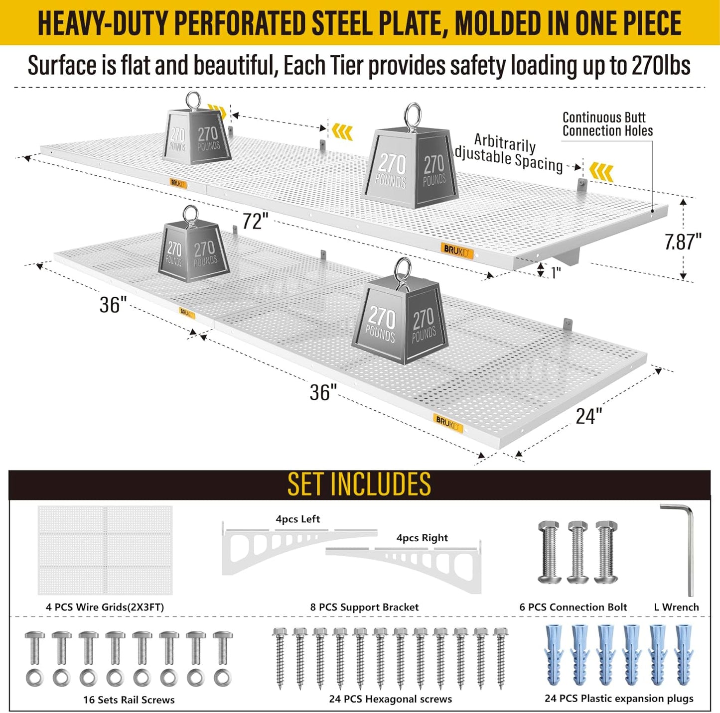 4Pack 2x3ft Adjustable Metal Garage Wall Shelving Heavy Duty Garage Storage Shelf Wall Mounted White
