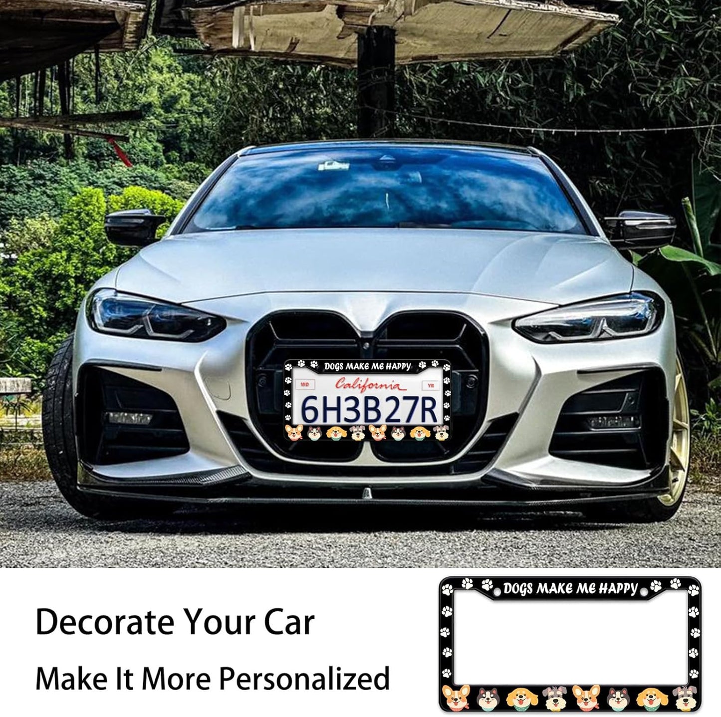 Dogs License Plate Frame, Lovely Puppies Dogs Paws Printed License Plate Holder Cover, Dogs Make Me Happy Metal Aluminum Rustproof Car Accessories for Women Men 2 Holes with Screw Caps