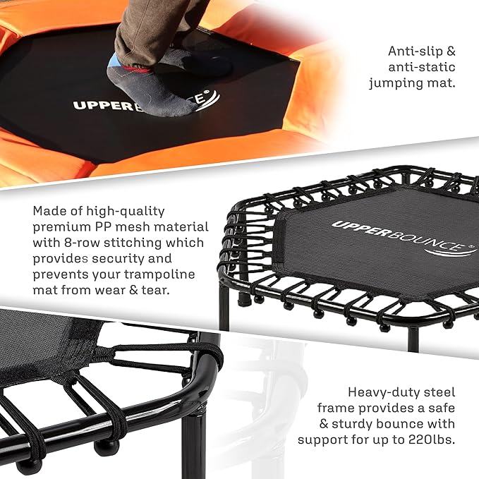 Upper Bounce Mini Workout Trampoline with Adjustable T-Shaped Handrail – Hexagonal Rebounder Trampoline for Kids & Adults – Fitness & Recreational Trampolines, Supports up to 220 lbs.