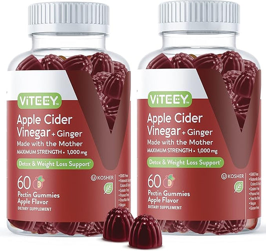 Viteey Apple Cider Vinegar Gummies and Ginger – 1000 mg ACV Gummies for Weight Loss, Detox and Digestion – Vegan, Gluten-Free – 120 Count